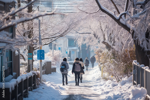 group of students walking on winter seasonal to school