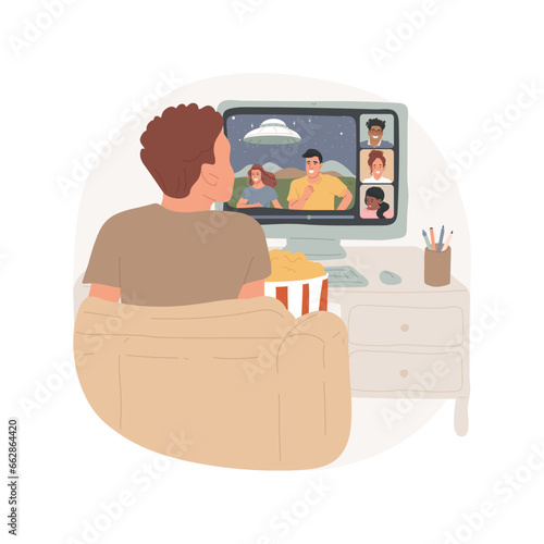 Synchronized player isolated cartoon vector illustration. Smiling teens watching movie together remotely, communication via internet, lack of socialization, people with screens vector cartoon.