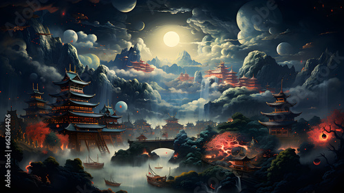 Asian style background, amazing epic Chinese ancient theme, fantasy and water ink style, anime illustration. Generative AI