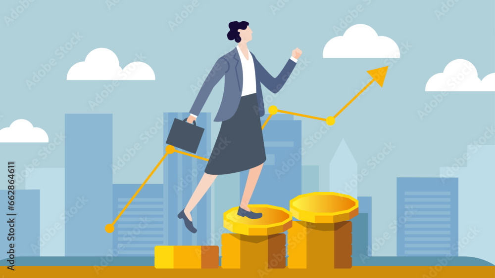 flat illustration of business person on graph with gold coin flat illustration of business person on graph with gold coin