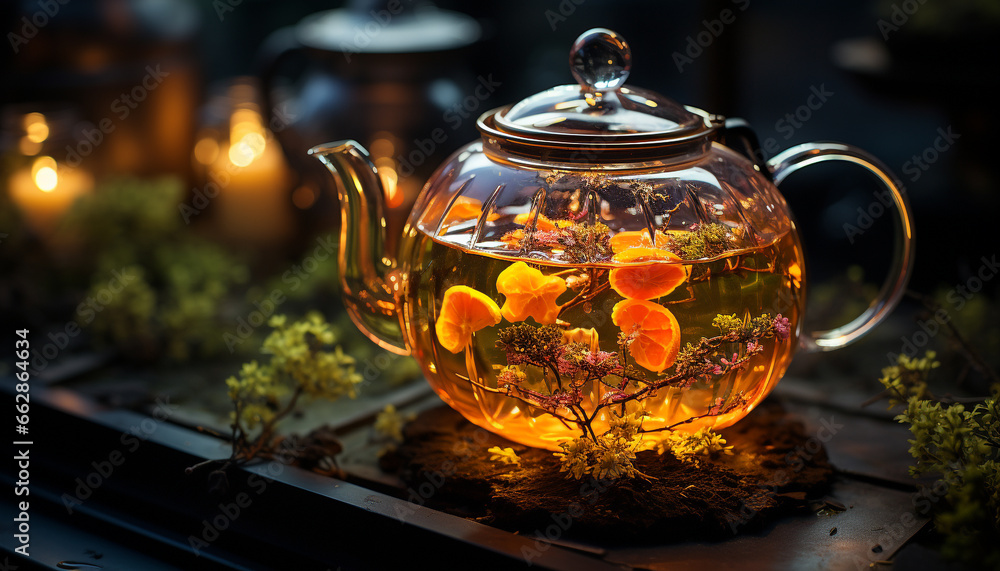 Hot tea on wooden table, a refreshing drink in nature generated by AI Hot tea on wooden table, a refreshing drink in nature generated by AI