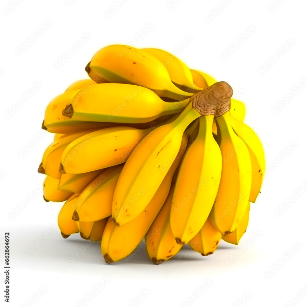 Bunch of yellow mini bananas. Tropical 3d dessert baby fruit with realistic skin for organic salads and juicy snacks with a distinct aroma and design