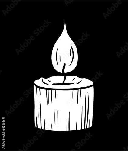 Burning paraffin candle. A spark of flame. Aromatic accessory for home, spa salon. Black and white vector illustration. Sketch hand drawn line