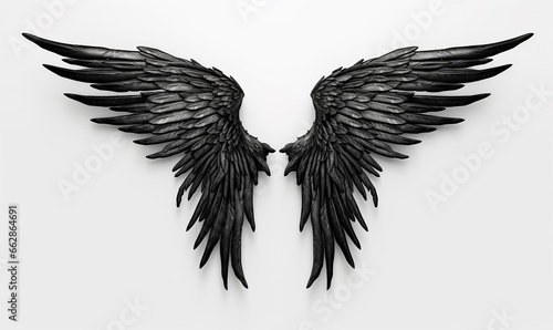 Black devil sinister wings template. Evil 3d wing of fallen angel with realistic feathers and mythical flying bird in free flight photo