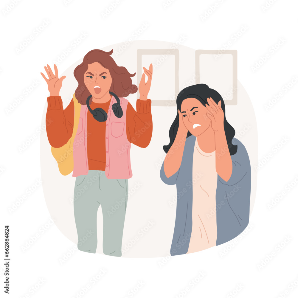 Swearing isolated cartoon vector illustration. Irritated angry girl cursing and spreading hands, mom covering her ears, teenager bad habit, swearing addiction, filthy language vector cartoon. Swearing isolated cartoon vector illustration. Irritated angry girl cursing and spreading hands, mom covering her ears, teenager bad habit, swearing addiction, filthy language vector cartoon.
