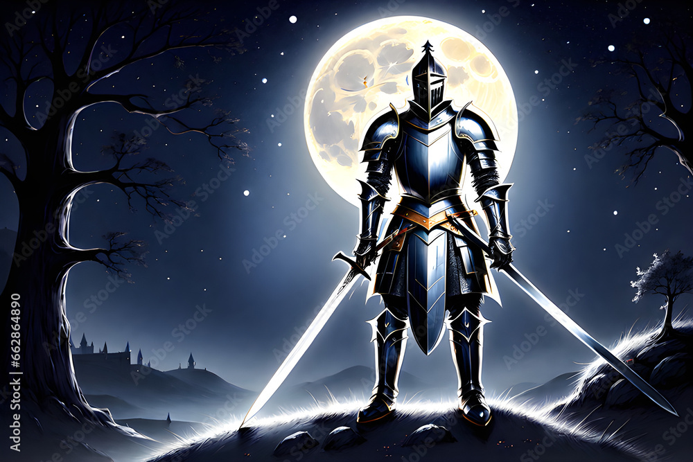 Naklejka premium a knight with a sword in the moonlight, Generative AI