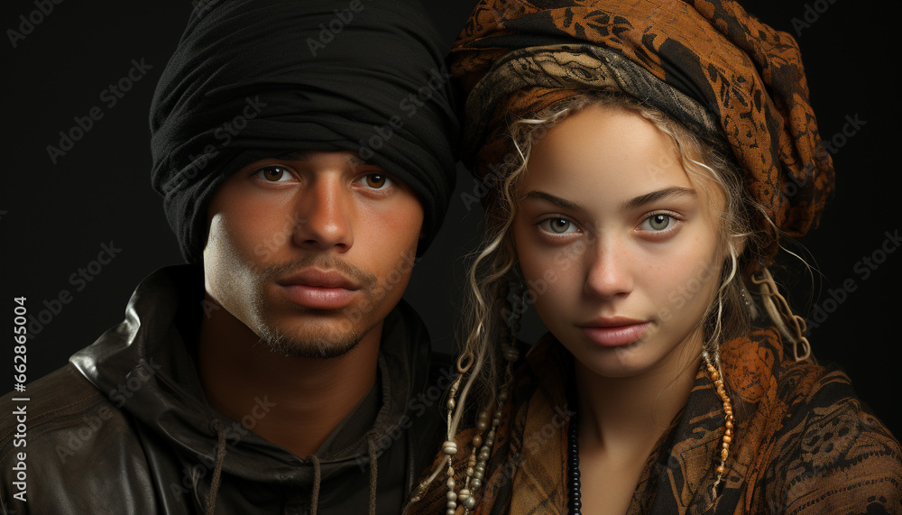 Beautiful people in traditional clothing looking at camera with confidence generated by AI Beautiful people in traditional clothing looking at camera with confidence generated by AI