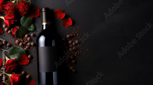 Bottle of red wine with roses on black background. Love concept for Valentine's Day.