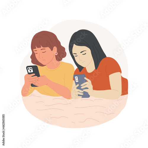 Live communication problem isolated cartoon vector illustration. Beautiful girls using devices and having lack of live communication, teens bad habits, smartphone addiction vector cartoon.