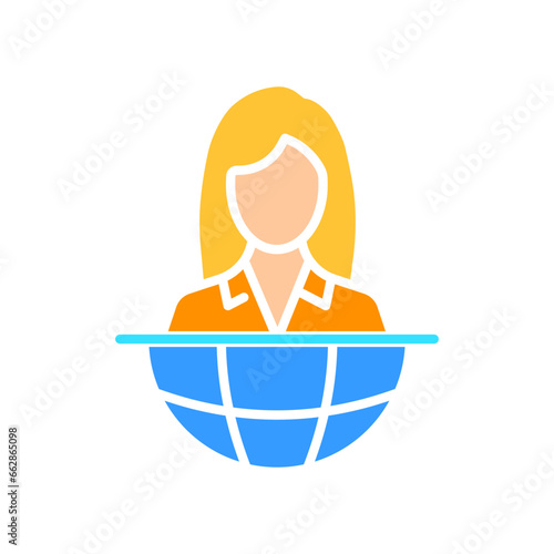Female reporter with planet line icon. Weather forecast, prime time, TV channel, radio, television, news, channel. Vector color icon on white background for business and advertising.