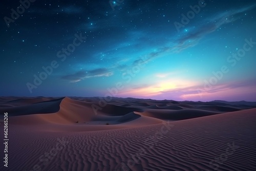 Dusk desert dunes with a stunning gradient starry sky. Generative AI