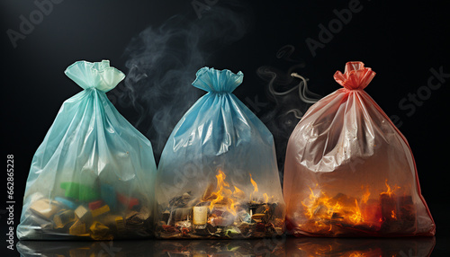 A transparent plastic bag full of garbage pollutes the environment generated by AI photo
