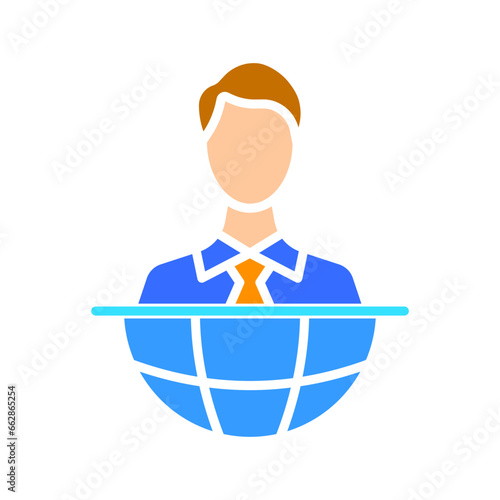 Male reporter with planet line icon. Weather forecast, prime time, TV channel, radio, television, news, channel. Vector color icon on white background for business and advertising.