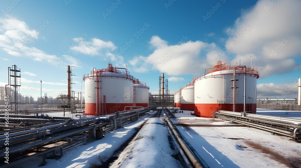 Obraz premium Feedstock tanks, industrial gas storage facilities, energy reserves of natural minerals.