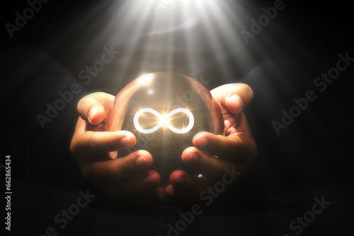 Infinity Mind Power Glass ball fortune teller, abundance , Lucky manifestation concepts. Hand holding virtual reality Infinity symbol. unlimited and infinity power business Lucky fortune telling.	