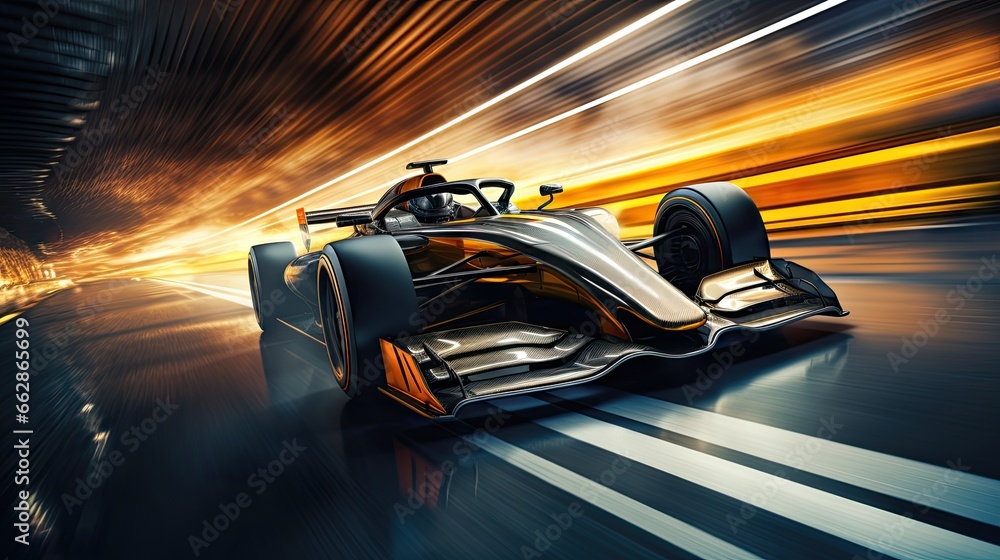 Fast and powerful racing car in motion, moving along street with blurred lights in the dark. Concept of motorsport, racing, competition - obrazy, fototapety, plakaty 