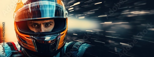 Focused and concentrated man, professional car races in helmet during race. Speed. Concept of motorsport, racing, competition