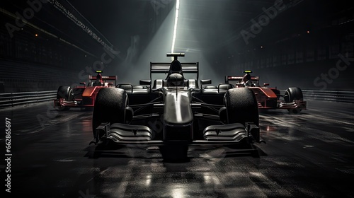 Three racing cars on round over dark street background. Starting line. Concept of motorsport, racing, competition