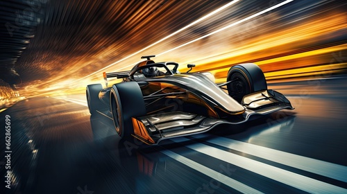 Fast and powerful racing car in motion, moving along street with blurred lights in the dark. Concept of motorsport, racing, competition © master1305