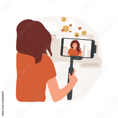 Live video streaming app isolated cartoon vector illustration. Teen blogger recording vlog with special live streaming app, holding phone on selfie stick to shoot video vector cartoon.