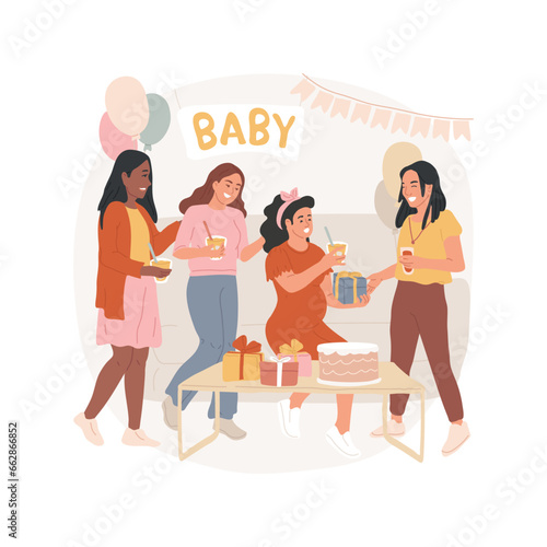 Baby shower isolated cartoon vector illustration. Happy family and friends celebrate arrival of a baby, smiling pregnant woman with gifts, candy stall, become a mother party vector cartoon.