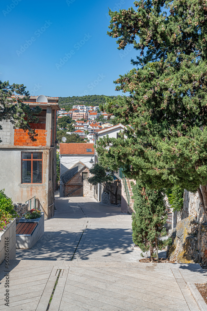 Streets of the old resort town of Primosten, Croatia.