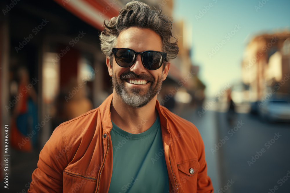 Happy man wearing sunglasses making thumbs up gesture leaning on wall. Generative Ai. Happy man wearing sunglasses making thumbs up gesture leaning on wall. Generative Ai.