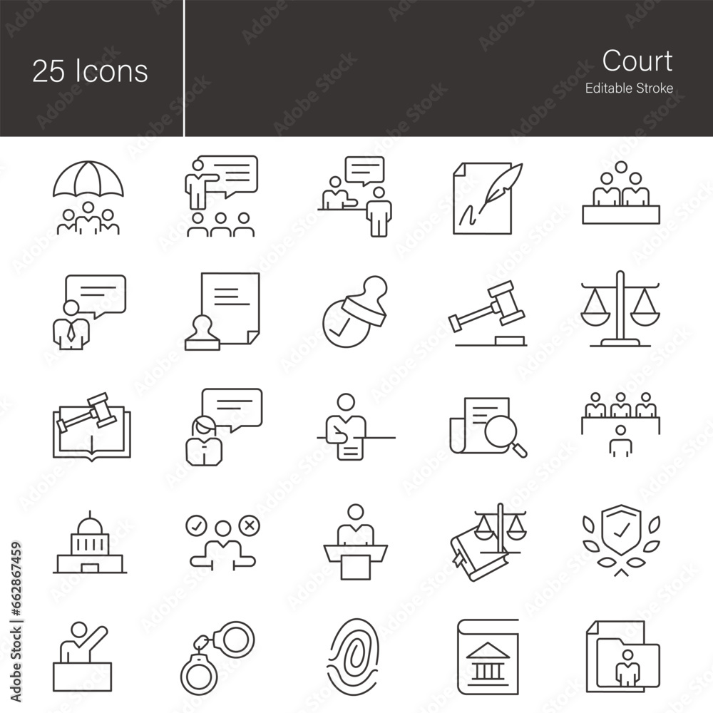 Court line icon set.  25 editable stroke vector graphic elements, stock illustration Icon, Business, Government, Business, Law, Legal System