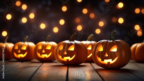 A group of jack o lantern pumpkins, carved with different faces and expressions, are situated on a wooden table with magic bokeh lights on background, perfect for Halloween greeting cards and banners.