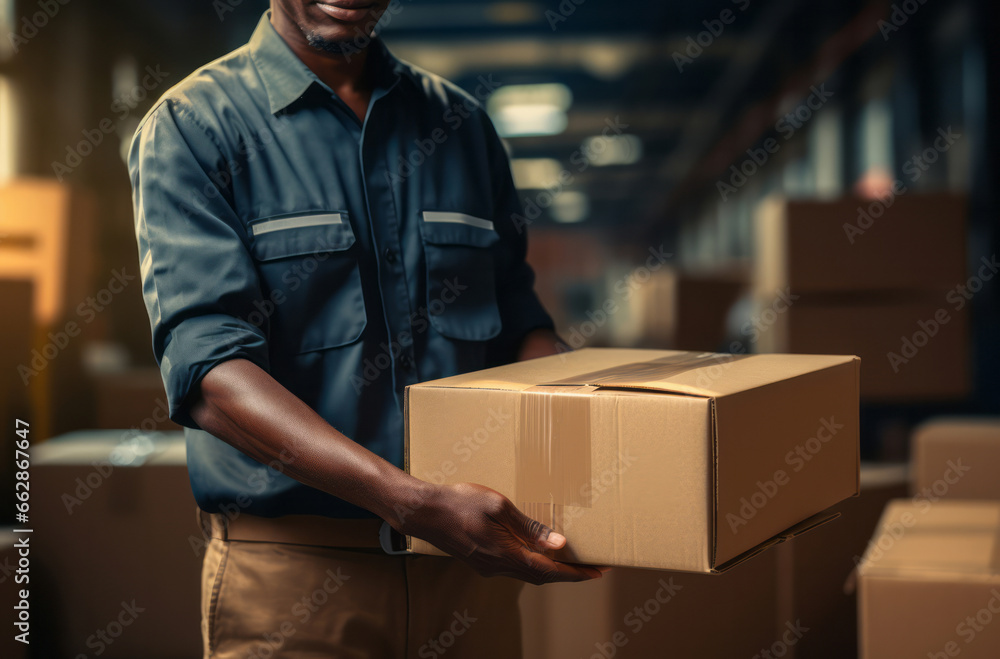 Worker moving boxes or packages in warehouse. Worker moving boxes or packages in warehouse.