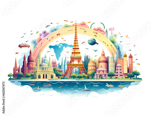 World travel concept drawing on white background.