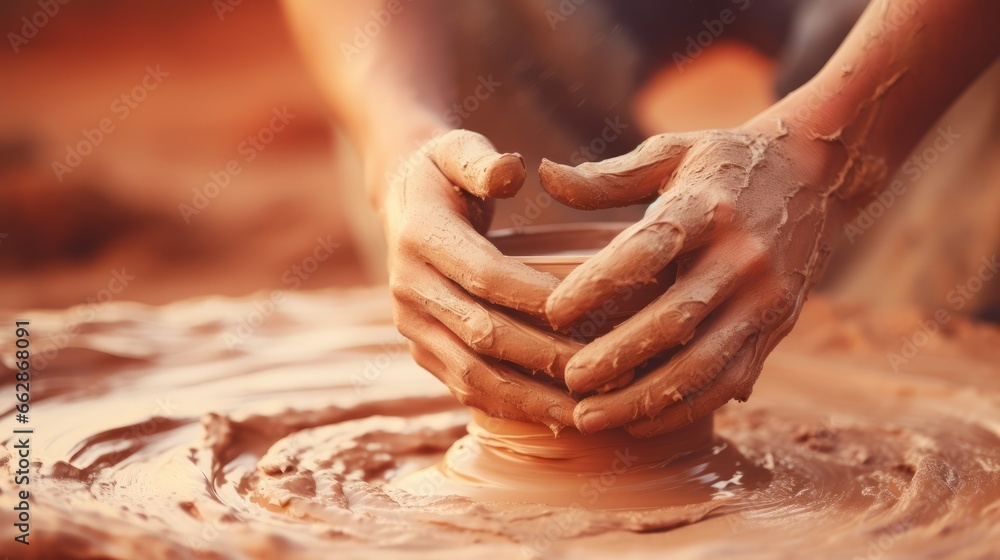 master works with clay with hands