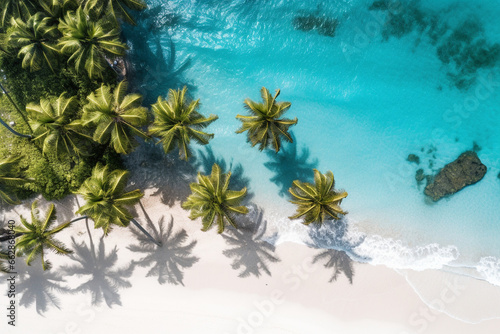 Beach with palm trees and white sand  drone view  top view. AI generated.