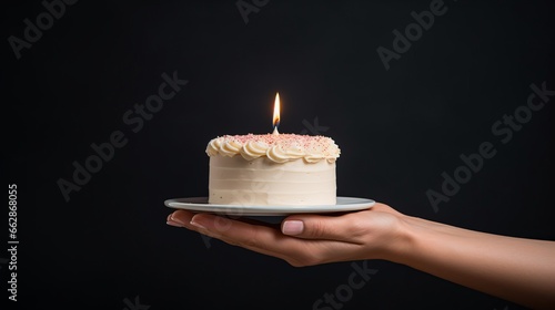 hand is holding birthday cake