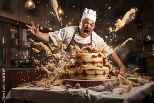 Crazy cheerful pastry chef makes a cake. AI generated. photo