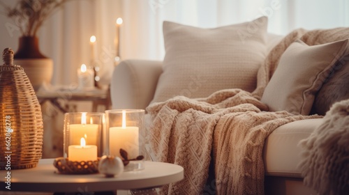 Cozy living room with candles and blankets