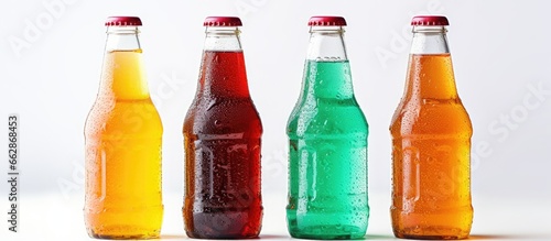 Assorted non alcoholic soda bottles with water droplets With copyspace for text