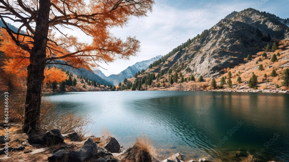lake in the mountain in autumn Generative AI