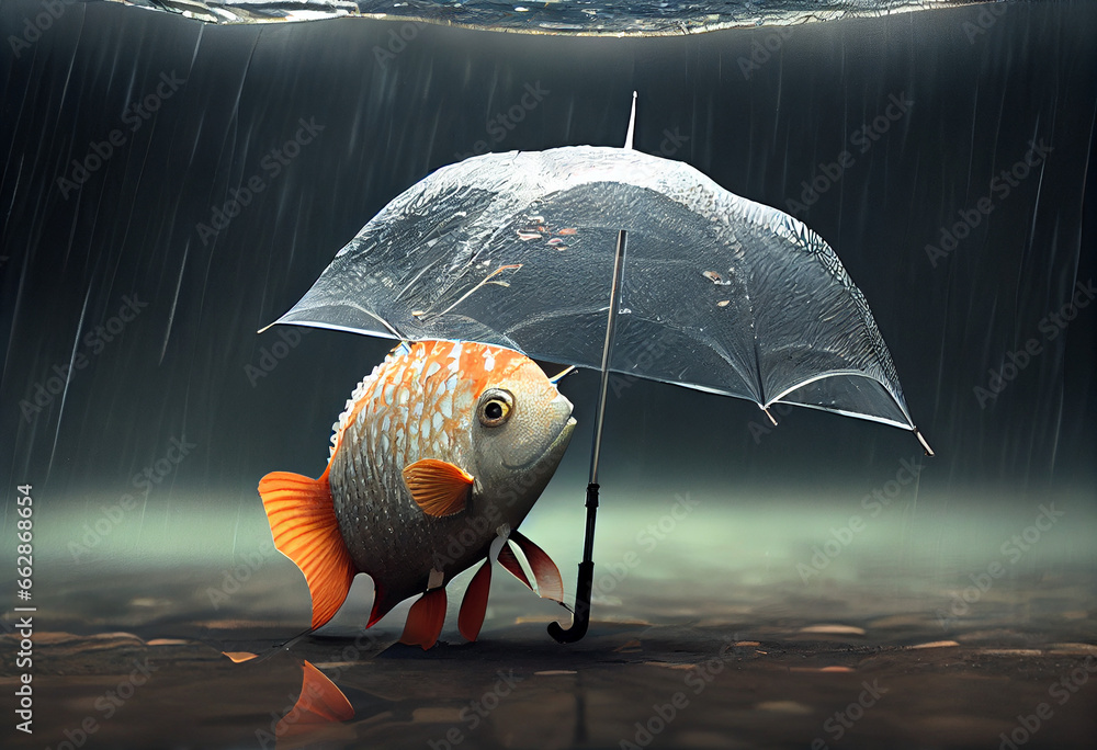 Fish with an umbrella, funny absurd illustration. AI generated. - obrazy, fototapety, plakaty 