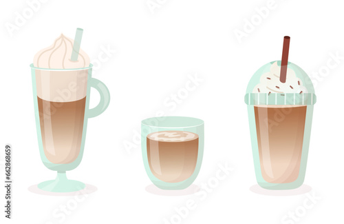 Set of coffee dessert drinks in flat style on isolated background. Latte  cappuccino  mocha  frappe.