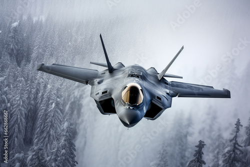 Military aircraft maneuvers in a winter snowstorm over a winter forest.  photo
