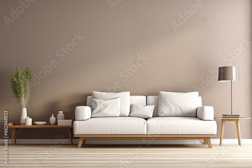 Living room interior in cozy Scandinavian and modern style decoration with sofa, wooden table and plant with empty wall copy space for mock up, minimal decor design concept. © TANATPON