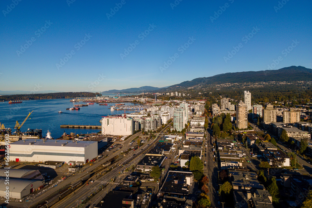 Lower Lonsdale, North Vancouver aerial image at the end of golden hour