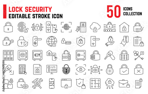 Set of lock security editable stroke icons, such as password protect, thumb impression protection, security scanner, smart password production, unlock, key, eye shield. Security thin line icon