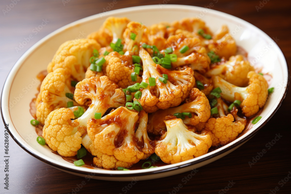 Baked cauliflower on a plate, a dish from the restaurant menu. Baked cauliflower on a plate, a dish from the restaurant menu.