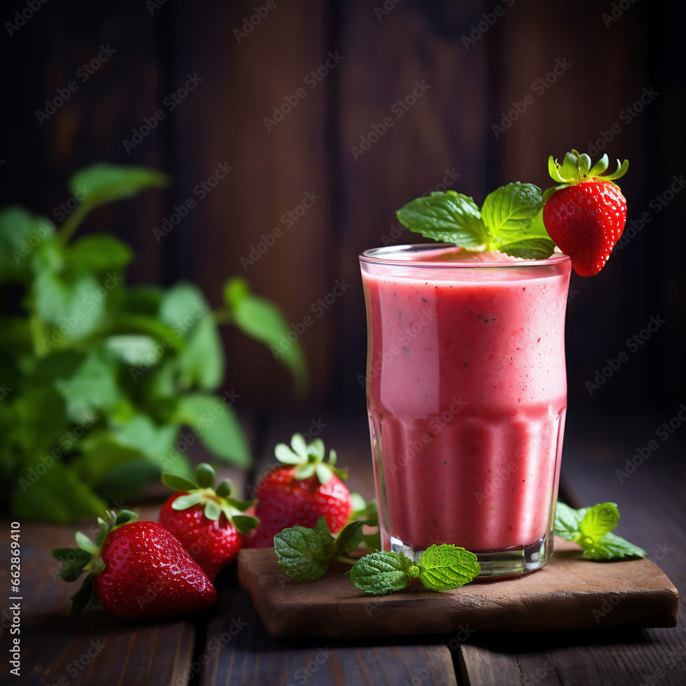 Strawberry smoothie in a glass on a dark wooden background Strawberry smoothie in a glass on a dark wooden background