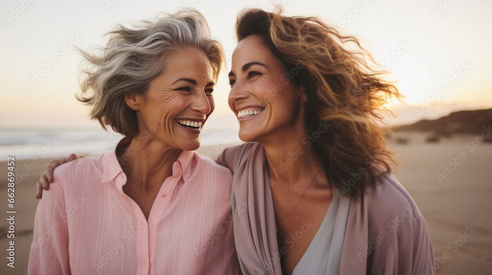 Close-up of happy senior friends walking on empty beach. Sunset, golden hour. Close-up of happy senior friends walking on empty beach. Sunset, golden hour.