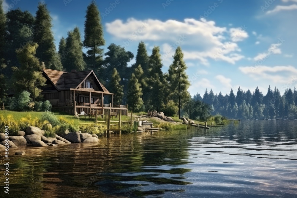 A beautiful painting of a cabin situated on the serene shore of a picturesque lake. 