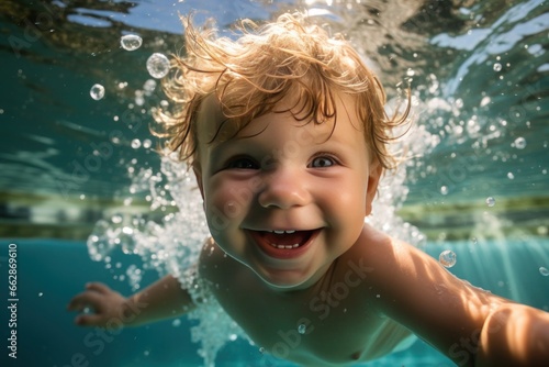 infant, under six months old, joyfully submerged underwater in the pool © Anna