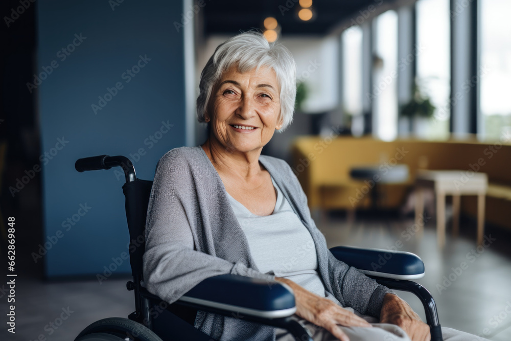 femme âgée aux cheveux blancs assise dans un fauteuil roulant, souriante et heureuse  - obrazy, fototapety, plakaty 